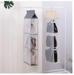 Foldable hanging multi-layer storage rack in grey and beige, perfect for organizing sundries