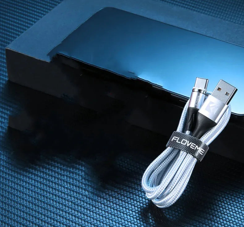 Black magnetic data cable with glowing LED light on connector, next to Android, iPhone, and Type-C magnetic heads.