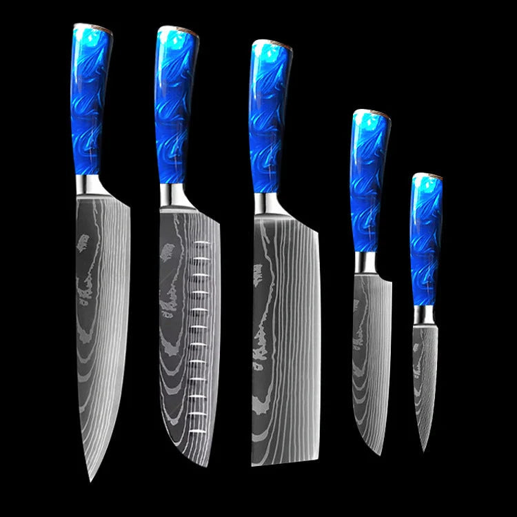 8-inch Chef Knife with vibrant blue resin handle, perfect for precision cutting in the kitchen.