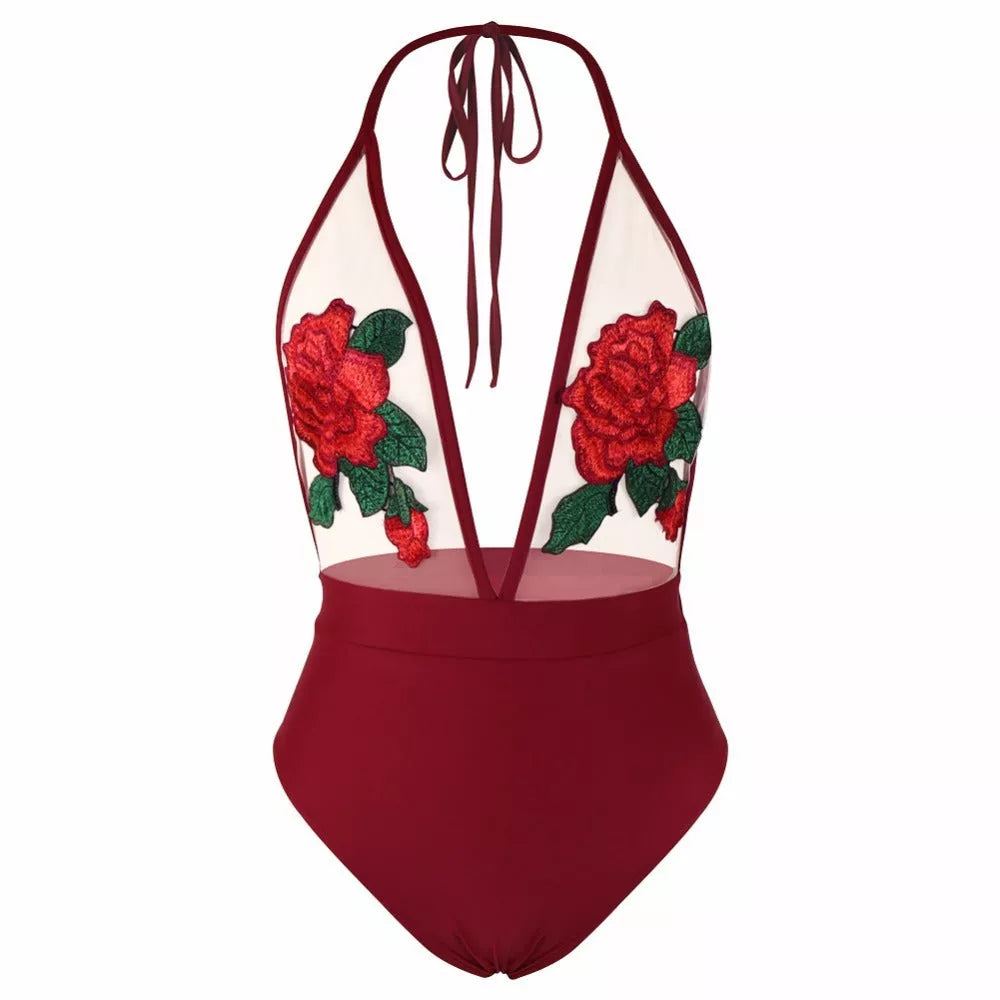 Embroidered halter sexy lingerie Siamese bikini in black, white, and wine red