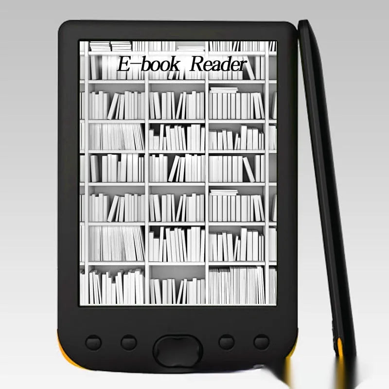 Black 6-inch e-book reader with E-ink screen showing digital text display
