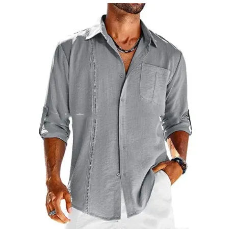 Men's casual long sleeve shirt with button front and polo collar, cotton blend solid colour top featuring chest pocket and lace trim detail, available in sizes S to XXXL in grey, white, black, apricot, dark blue and sky blue for youth male clothing