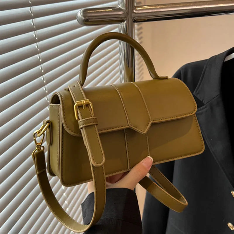 Women's beige messenger bag with horizontal square design showing file compartment and exterior pocket