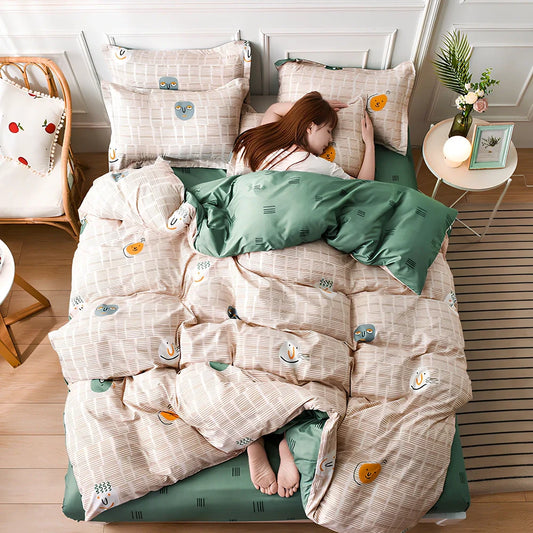 Aloe cotton bedding set with cartoon patterns, available in four colours for UK bed sizes 0.9m to 2.2m