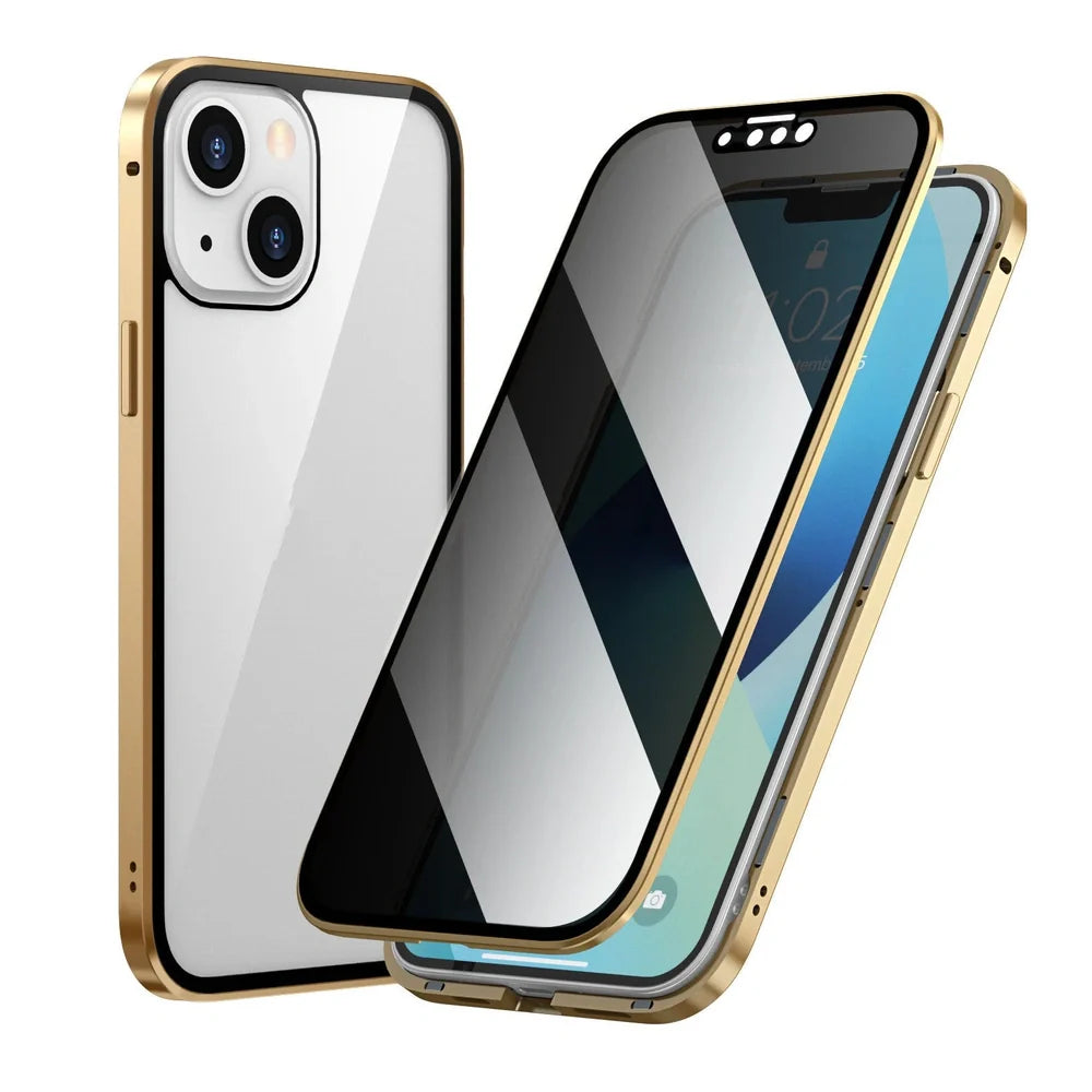 Fashion Personality Magneto Glass Metal Phone Case showing double-sided explosion-proof glass and metal frame for iPhone protection
