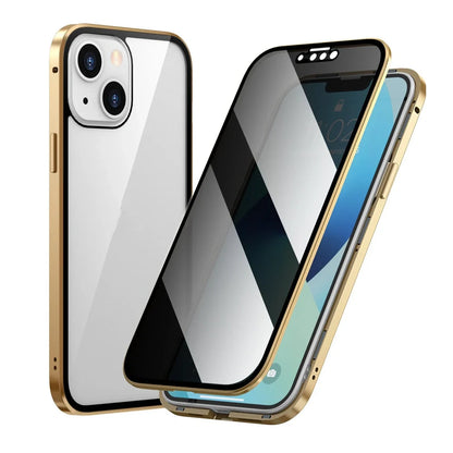 Fashion Personality Magneto Glass Metal Phone Case showing double-sided explosion-proof glass and metal frame for iPhone protection