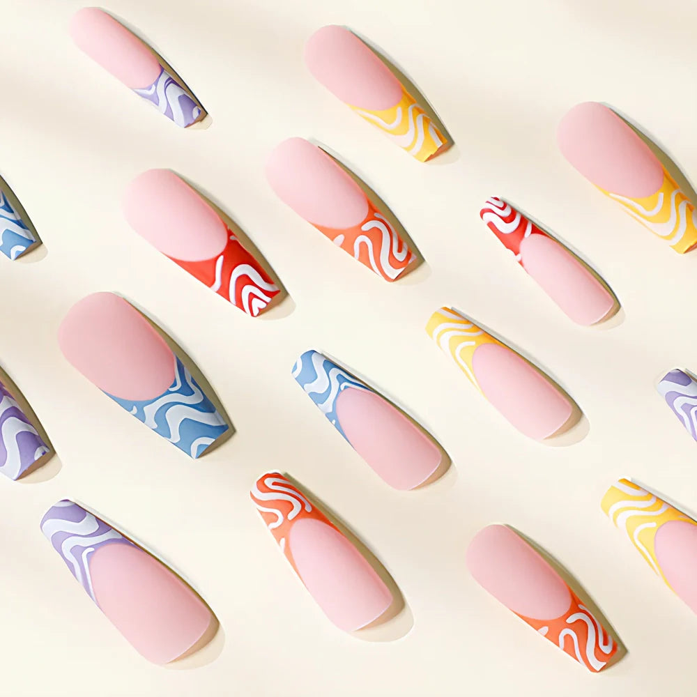 Rainbow Wave fake nails with iridescent wave pattern nail stickers showing colour shifting effects