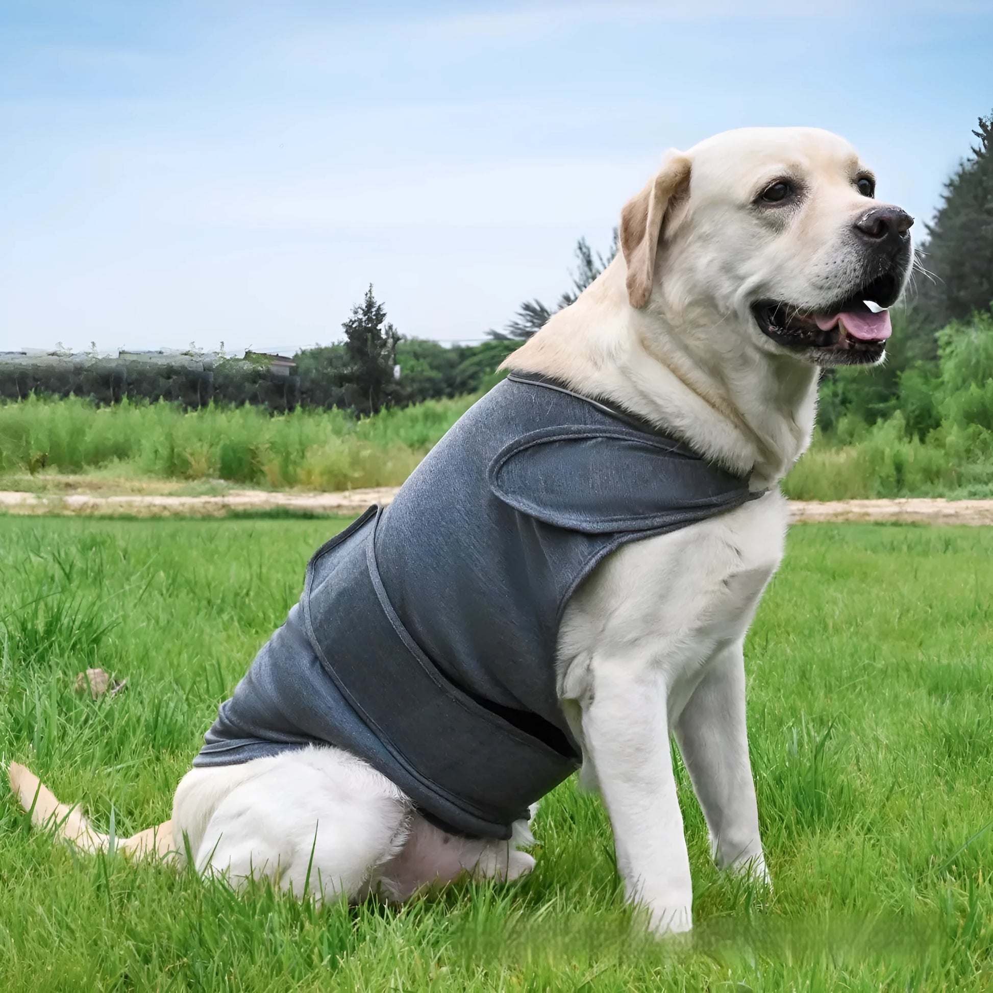 Dog wearing brocade cotton tank top for anxiety relief in brown colour