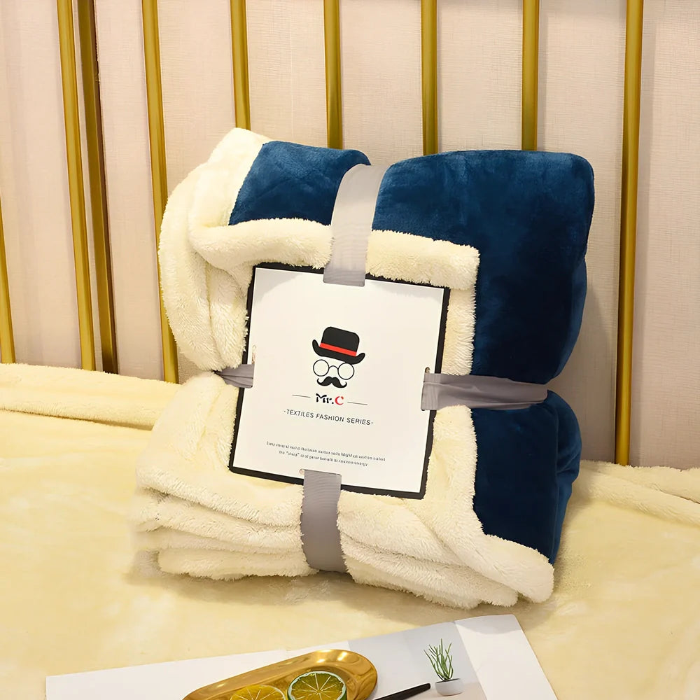 Double-layer flannel blanket showing coffee colour with flannel surface and lamb fleece backing, measuring 150x200cm