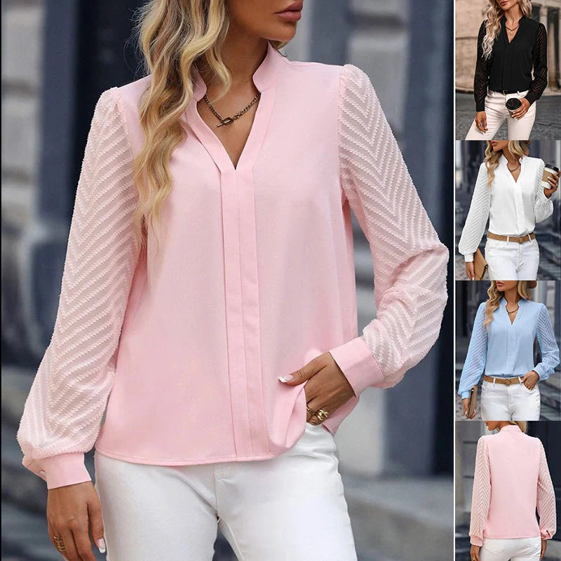 Elegant V-Neck Chiffon Blouse with Lace Detailing for Women