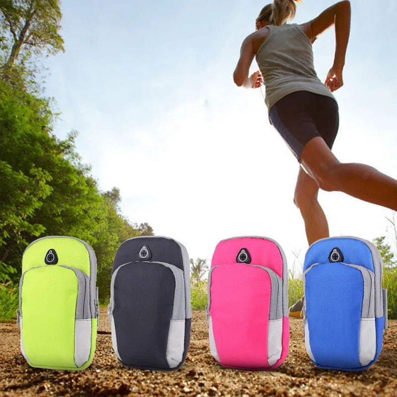 Adjustable running mobile phone arm bag in green, black, blue, and rose red