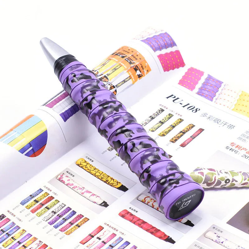 Roll of PU camouflage print grip tape for badminton racket, fishing rod and table tennis bat handles.