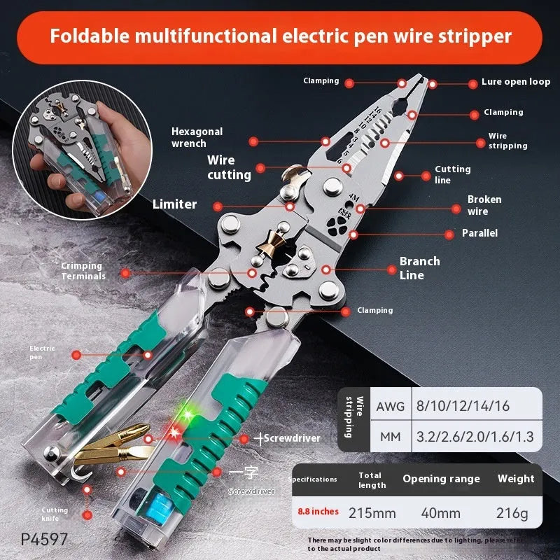 Thickened multi-functional electric pointed pliers wire stripper with 215-225mm length and rust-prevention cutting edges