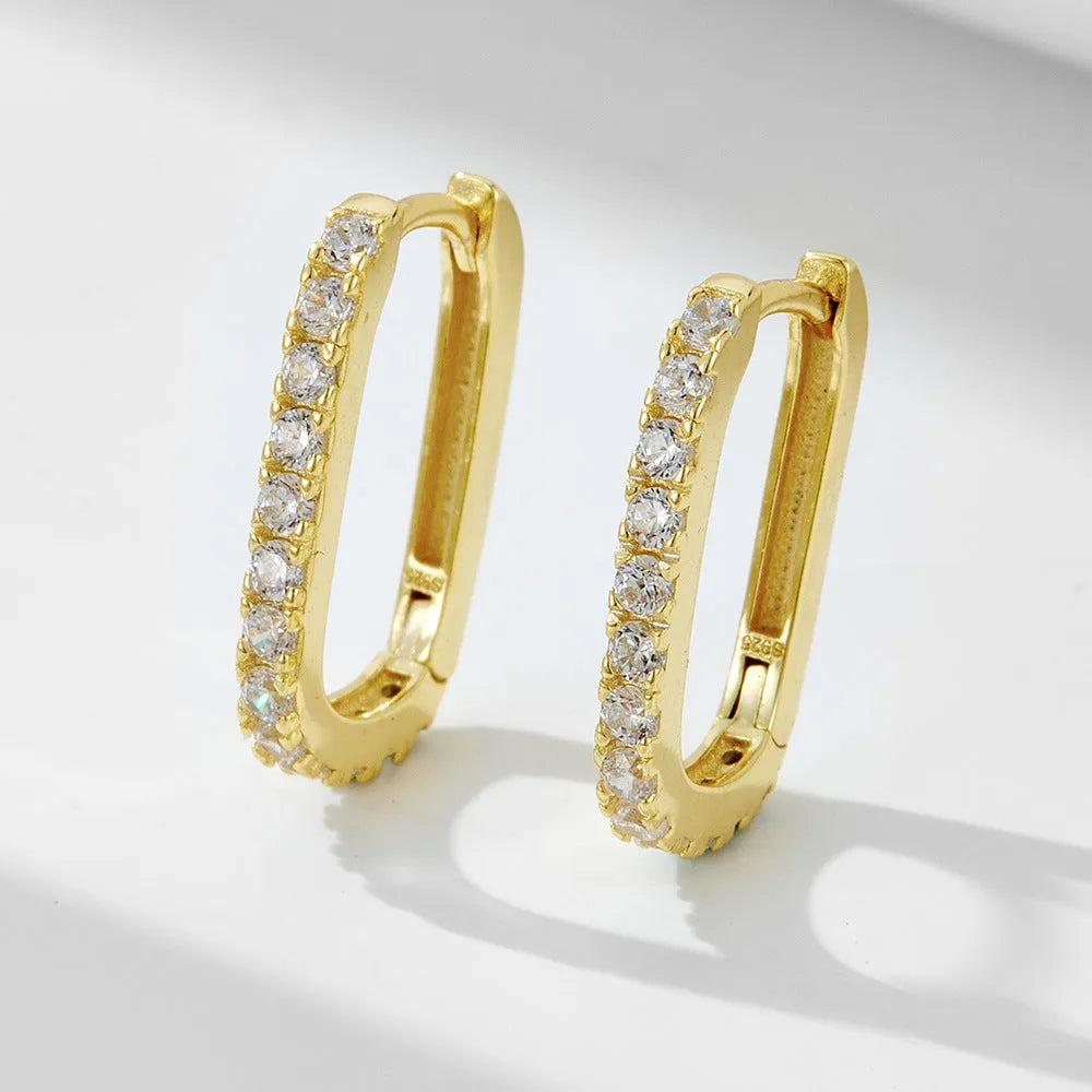 S925 sterling silver oval zircon earrings with geometric design and ear clip back