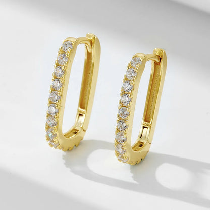 S925 sterling silver oval zircon earrings with geometric design and ear clip back