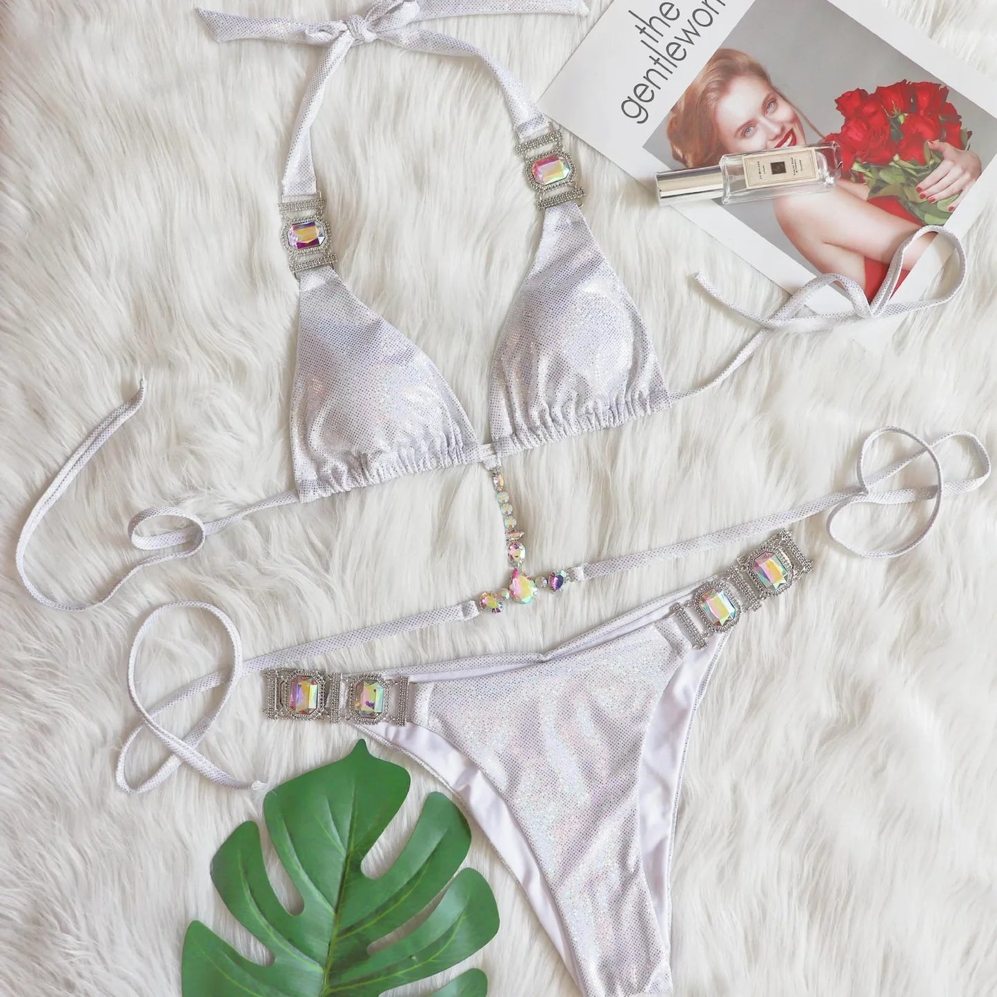 Halter bikini set with adjustable ties and metallic glitter finish in silver, blue, gold, or green