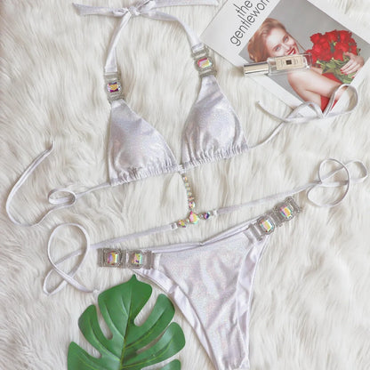 Halter bikini set with adjustable ties and metallic glitter finish in silver, blue, gold, or green