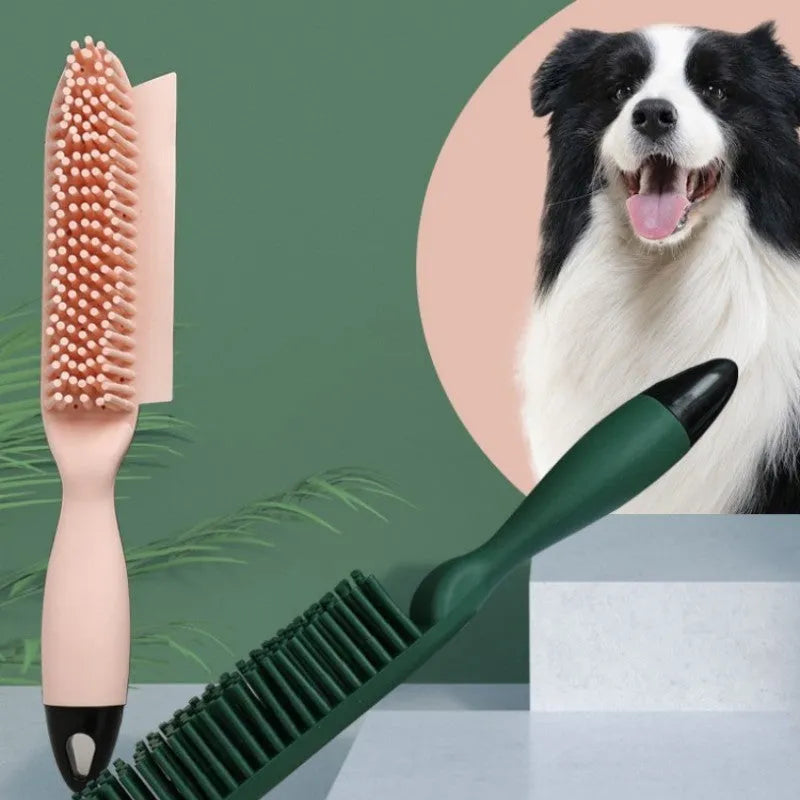 Green silicone pet grooming brush with flexible bristles for removing hair from cats, dogs and furniture