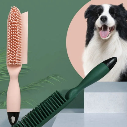 Green silicone pet grooming brush with flexible bristles for removing hair from cats, dogs and furniture
