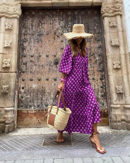 Elegant boho-chic summer dress with floral print in various color options