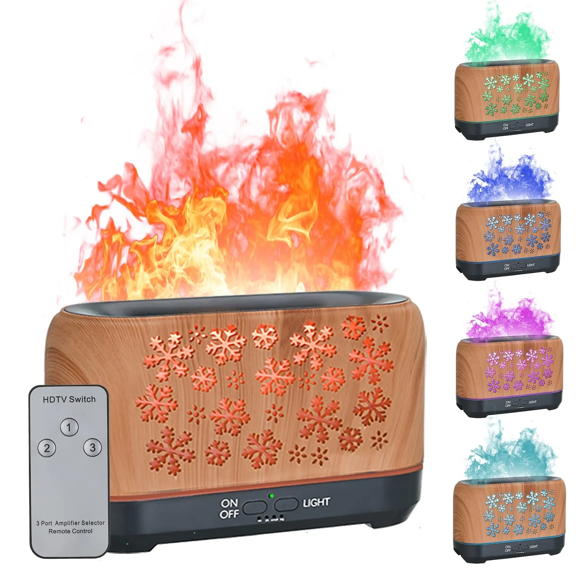 Square wood grain humidifier with colourful snowflake pattern and multicolour flame effect mist.