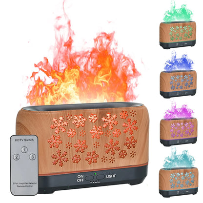 Square wood grain humidifier with colourful snowflake pattern and multicolour flame effect mist.