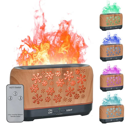Square Christmas snowflake pattern humidifier with wood grain design and colourful flame lighting effect on desktop