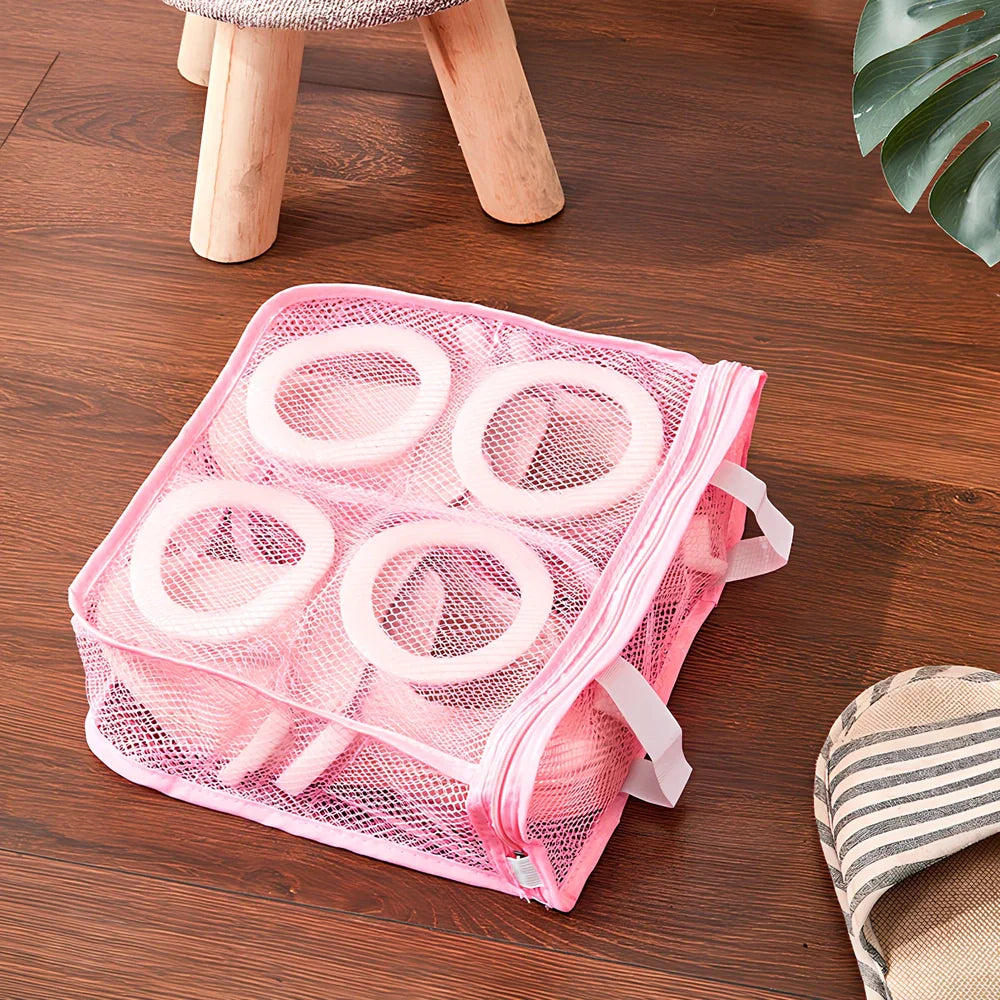 Blue round mesh shoe washing bag with 8mm foam layer and hidden zipper for machine protection, 35cm size