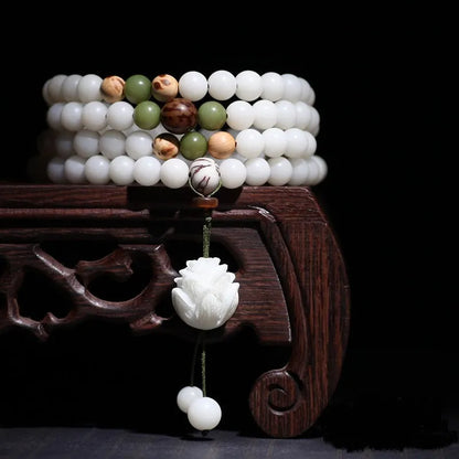 A long white jade Bodhi bead bracelet with 6x8mm beads, shown in various style options including cloisonne and lotus designs.