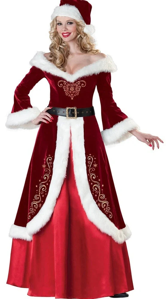 Red Christmas dress with princess and Santa Claus styling options, showing size range from bust 80cm to 104cm