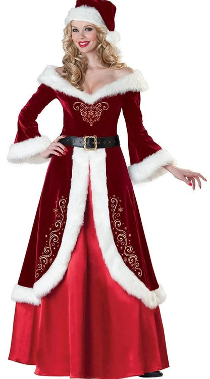 Red Christmas dress with princess and Santa Claus styling options, showing size range from bust 80cm to 104cm