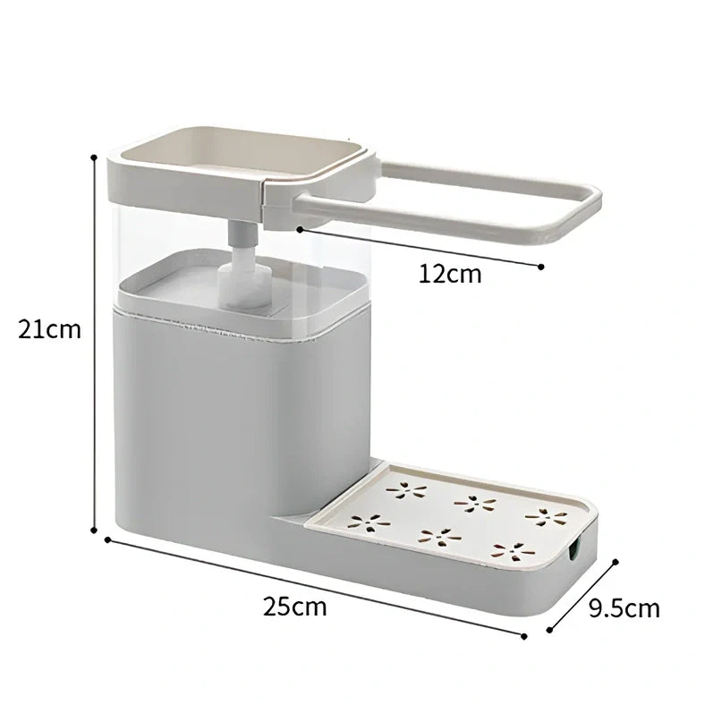 Blue kitchen sink dispenser with towel bar and shelf measuring 25cm wide