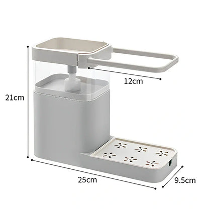 Blue kitchen sink dispenser with towel bar and shelf measuring 25cm wide