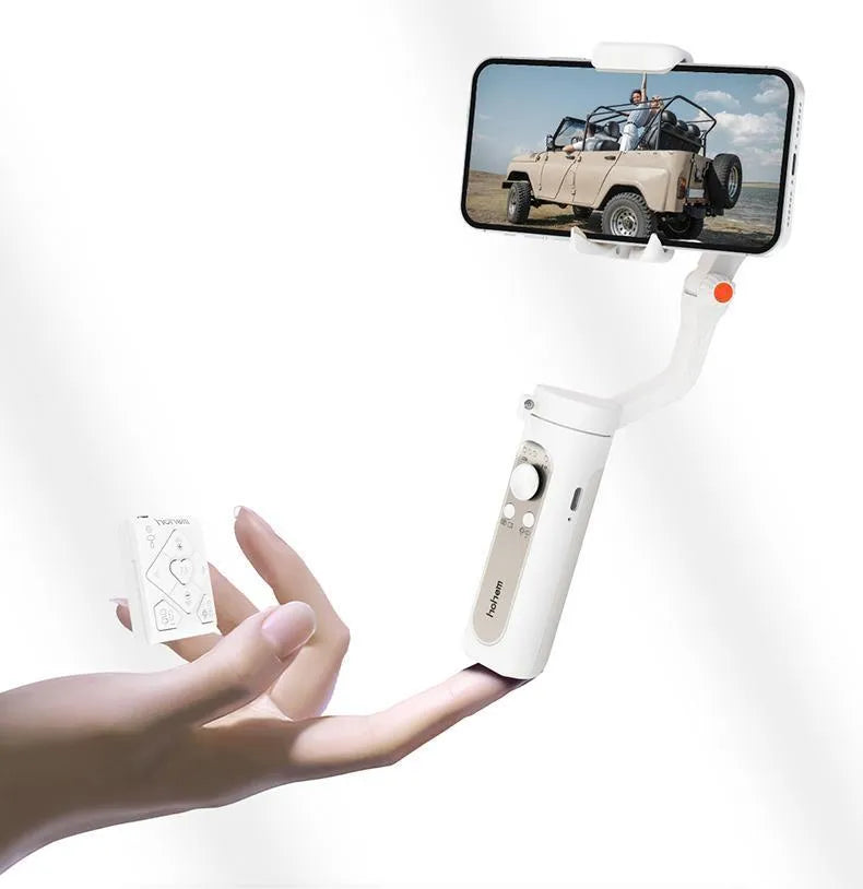 Black or white three-axis mobile phone gimbal stabiliser showing compact folded size.
