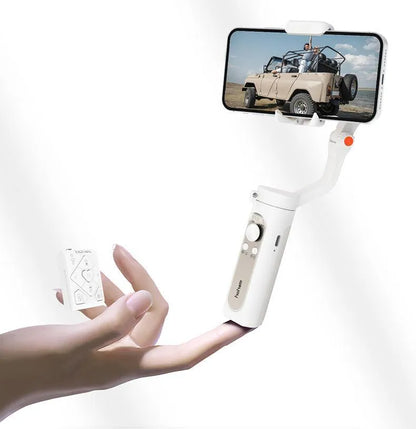 Black or white three-axis mobile phone gimbal stabiliser showing compact folded size.