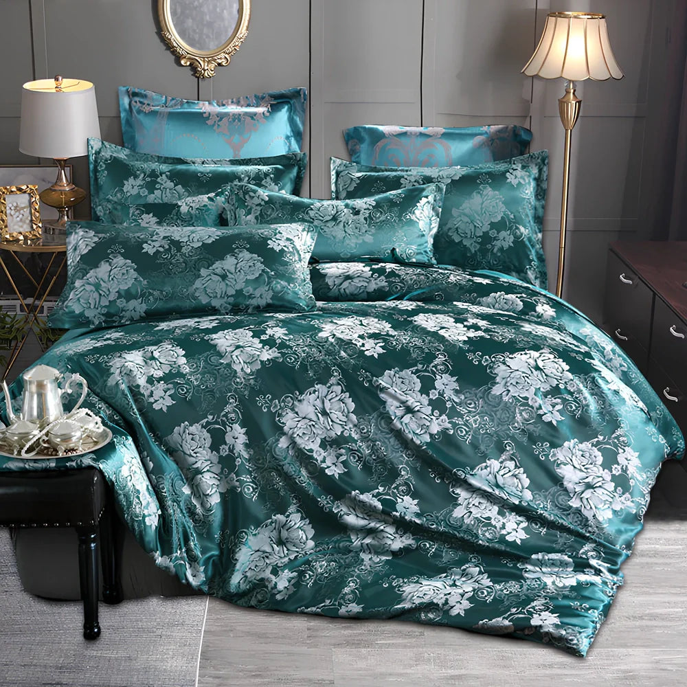 Polyester bedding set with Jacquard weave pattern in multiple colour options showing quilt cover and pillowcases