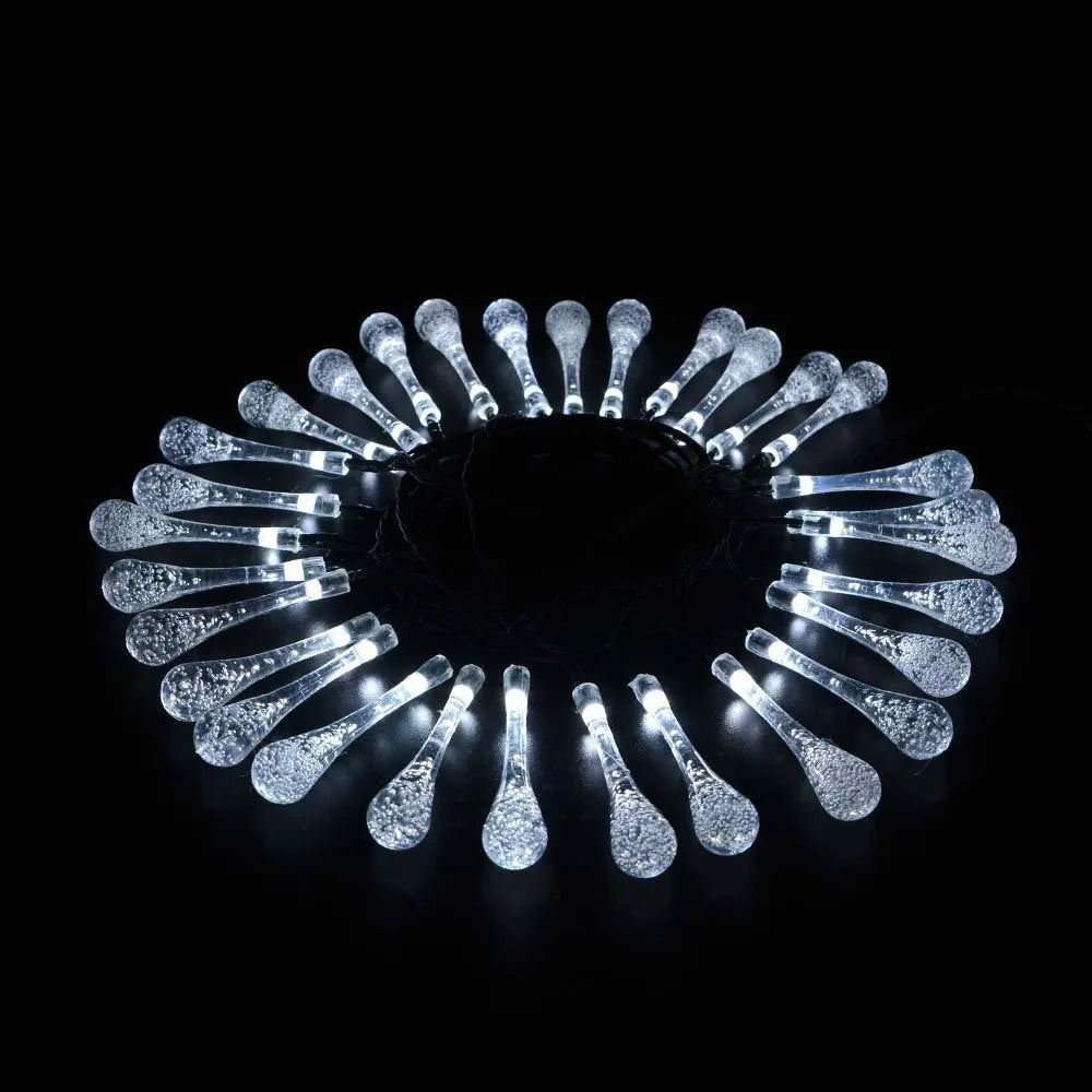 LED outdoor water drops solar string lights with bubble drop pendants on 6.5m cable, solar panel and ground spike included