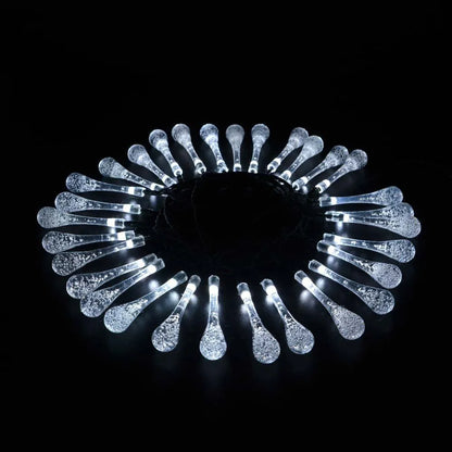 LED outdoor water drops solar string lights with bubble drop pendants on 6.5m cable, solar panel and ground spike included