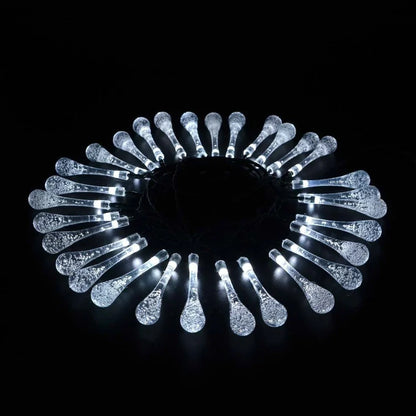 6.5m LED solar water drop string lights with 30 LEDs and waterproof pendants for garden use