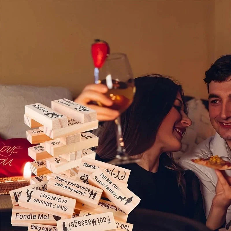 Couple's intimacy block tower game made from sustainable wood for date nights