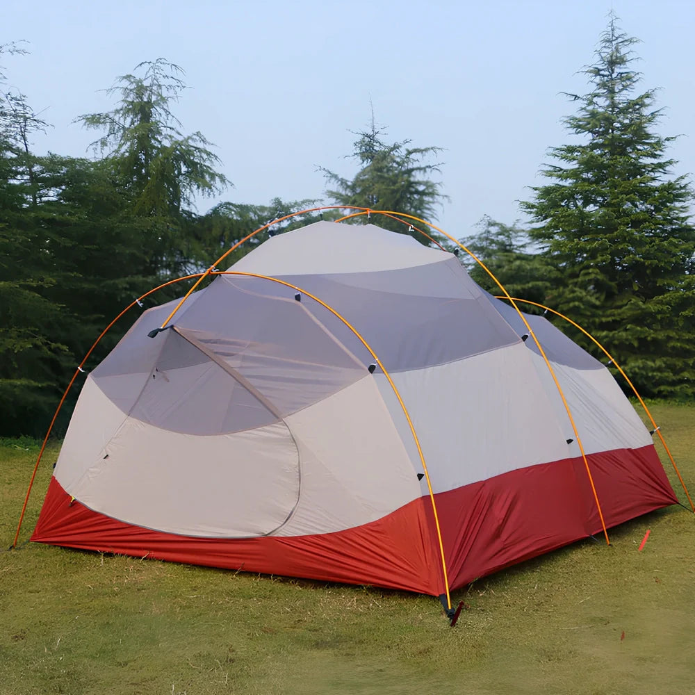 Grey outdoor camping tent with aluminium poles and waterproof fabric for multiple occupants