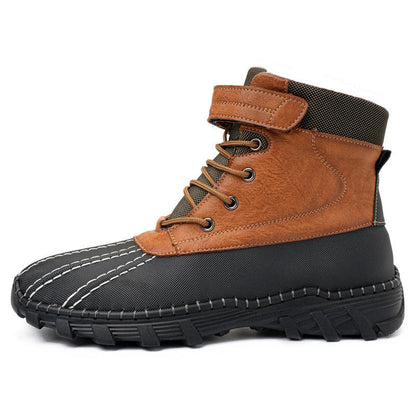 Warm lace-up winter snow boots with fleece lining, waterproof and anti-slip rubber soles, and stylish velvet or single-color options
