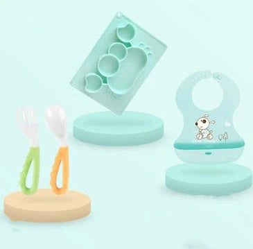 Green silicone baby bowl with suction base and crab cartoon design, 28cm diameter