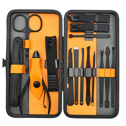 Beauty manicure nail care kit with stainless steel tools in red PU leather case weighing 397g