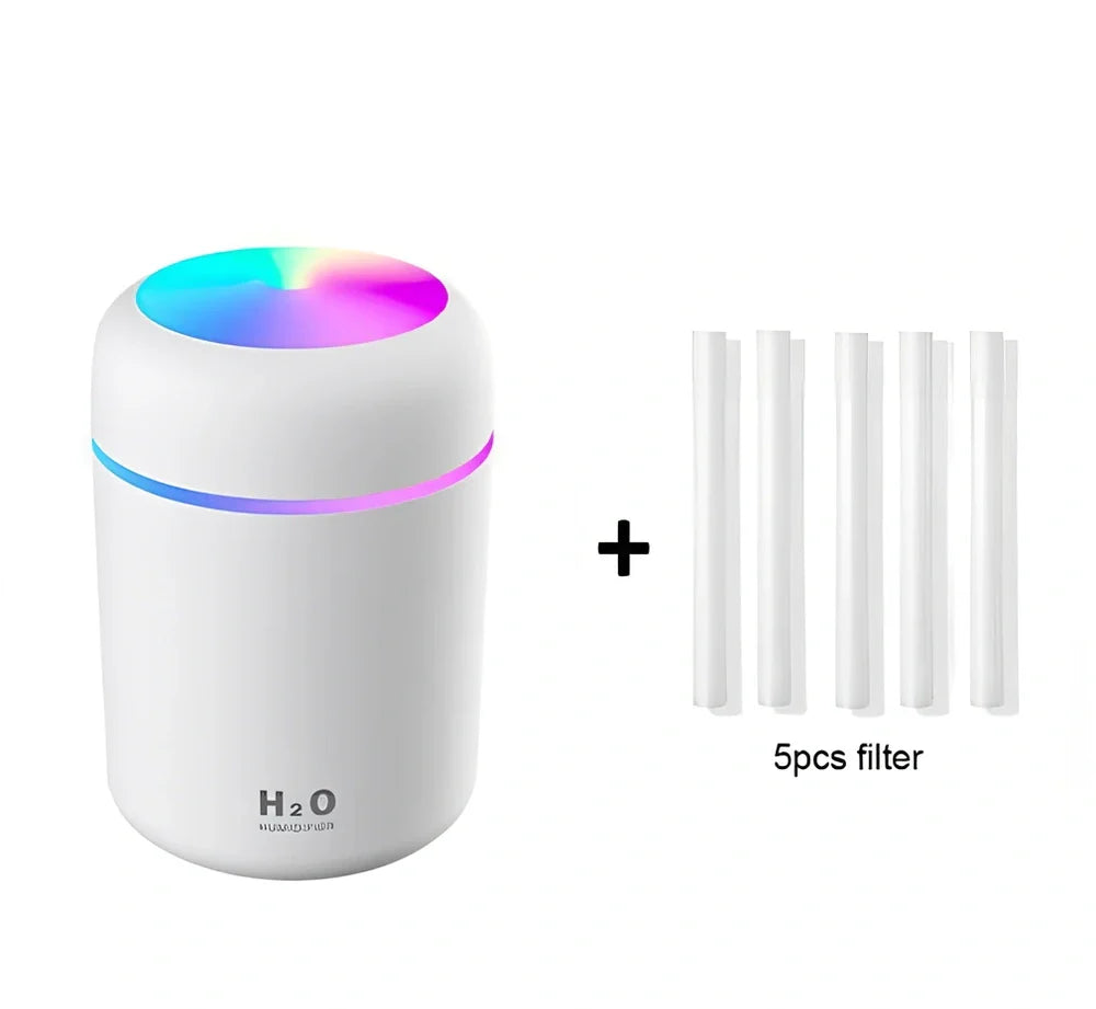 Compact USB car humidifier with colourful LED light and 300ml water tank for vehicle use