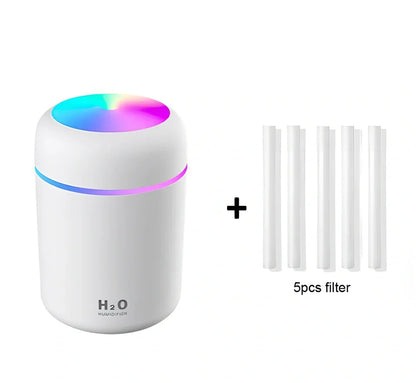 Compact USB car humidifier with colourful LED light and 300ml water tank for vehicle use
