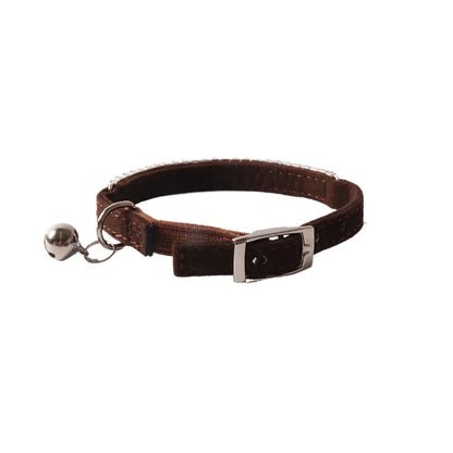 Cat collar with elastic buckle in six colour options showing 28cm length and flocking material texture