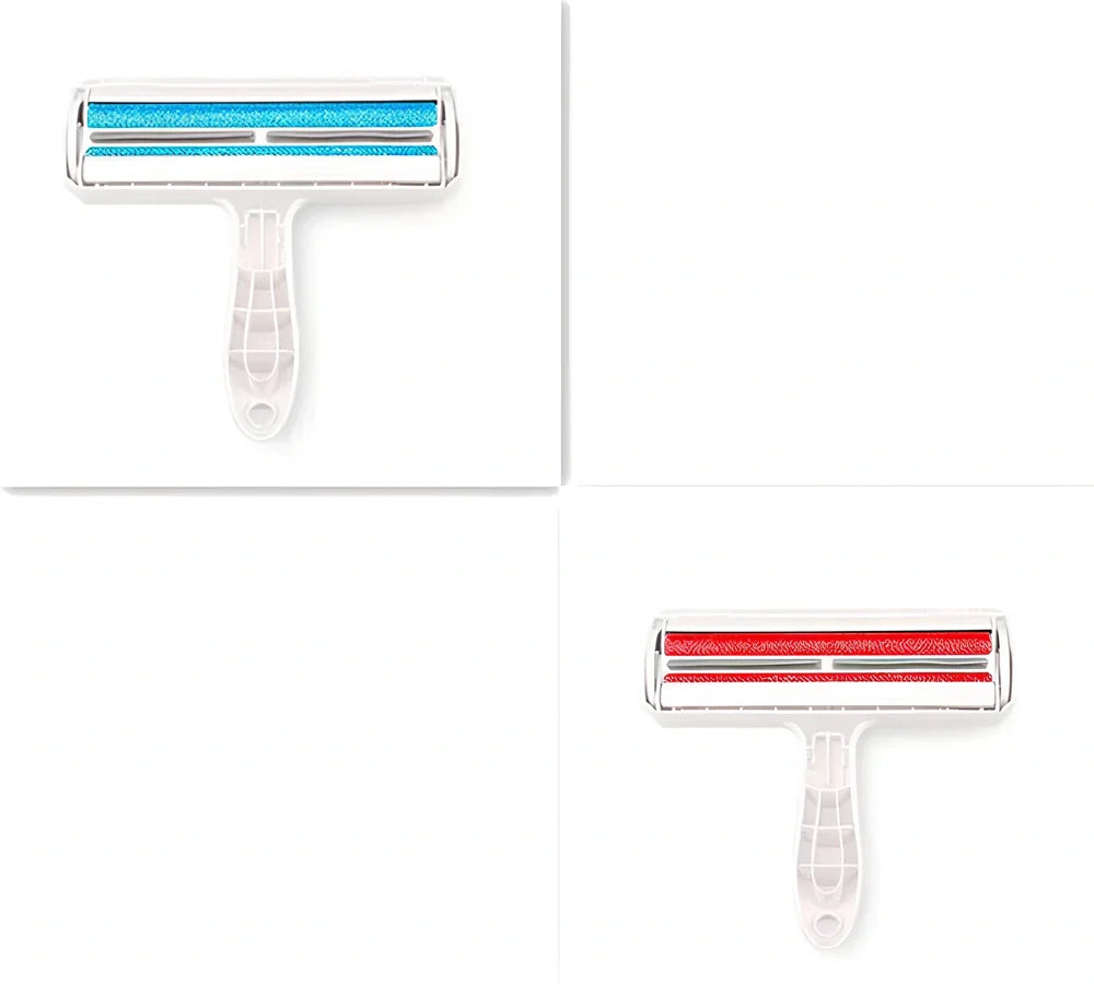 Blue pet hair removal comb with ABS plastic body and roller bristles for furniture cleaning