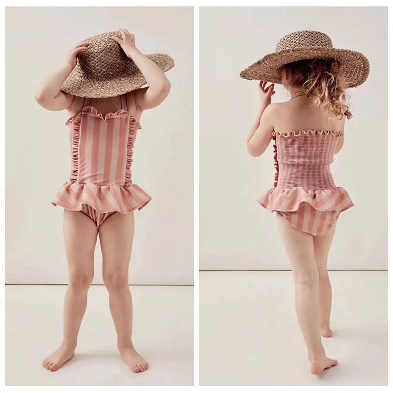 Girls Siamese Striped Princess Wind Lace Swimsuit for summer water activities