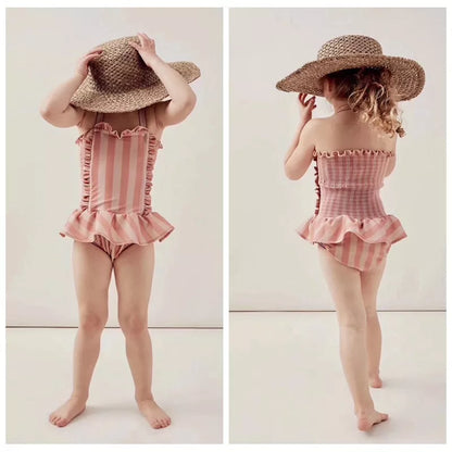 Girls Siamese Striped Princess Wind Lace Swimsuit for summer water activities
